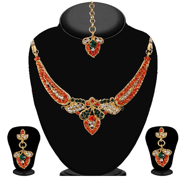 Kriaa Orange Stone Necklace Set With Maang Tikka