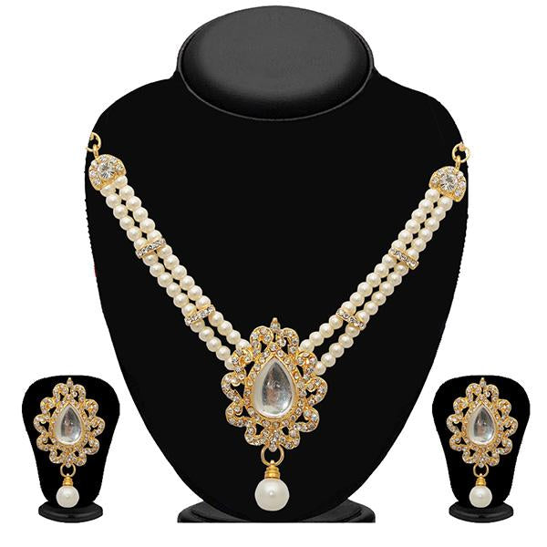 Kriaa White Austrian Stone Gold Plated Pearl Necklace Set - 2100407