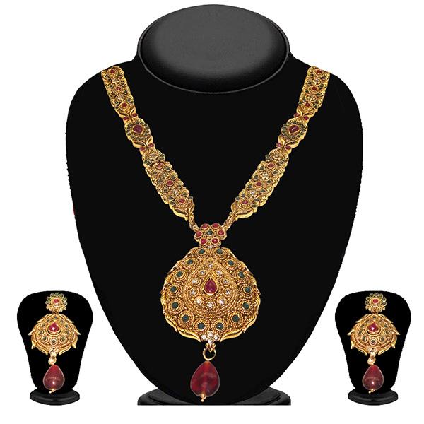 Kriaa Maroon And Green Pota Stone Necklace Set - 2100602