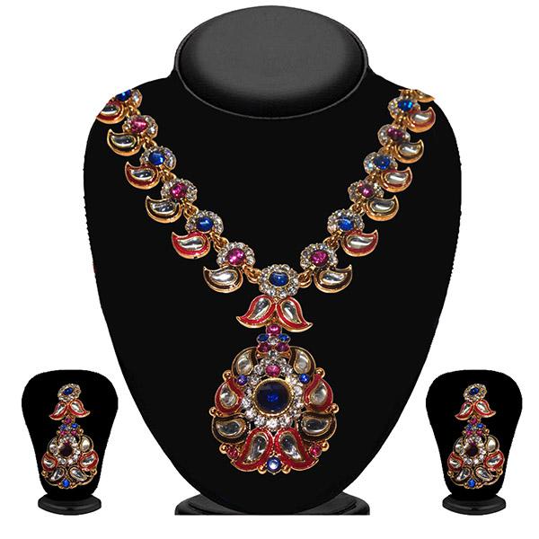 Kriaa Pink And Blue Stone And Kundan Necklace Set
