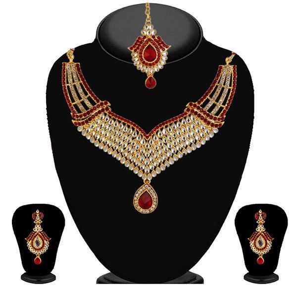 Kriaa Gold Plated Maroon Kundan Necklace Set - 2100802