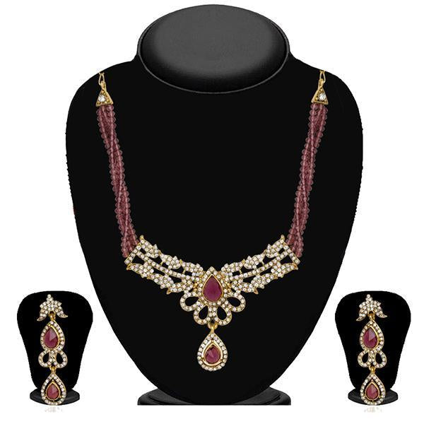 Kriaa Gold Plated Maroon Austrian Stone Necklace Set - 2100904