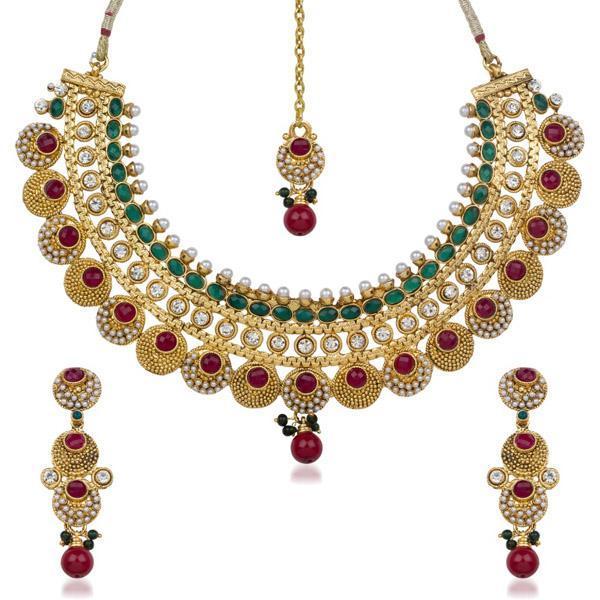 Kriaa Maroon Green Pota Austrian Stone Pearl Necklace Set - 2101602