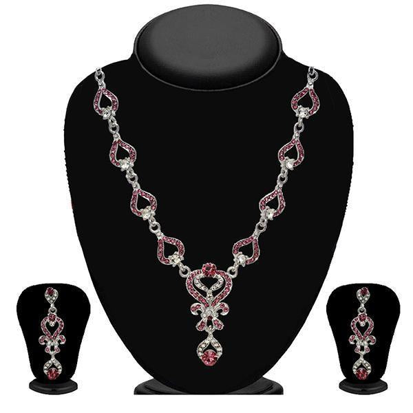 Kriaa Zinc Alloy Silver Plated Pink Stone Necklace Set - 2102401