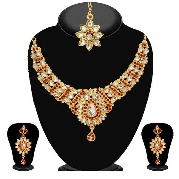 Kriaa Maroon Stone Necklace Set With Maang Tikka - 2102502