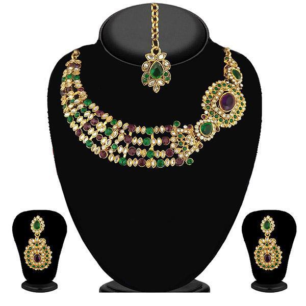 Kriaa Green Stone Necklace Set With Maang Tikka - 2103004