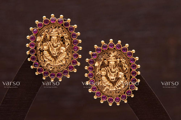 Varso Kempu &  Emerald Gold Antique  Brass Alloy  Dangler Earrings  - 211004