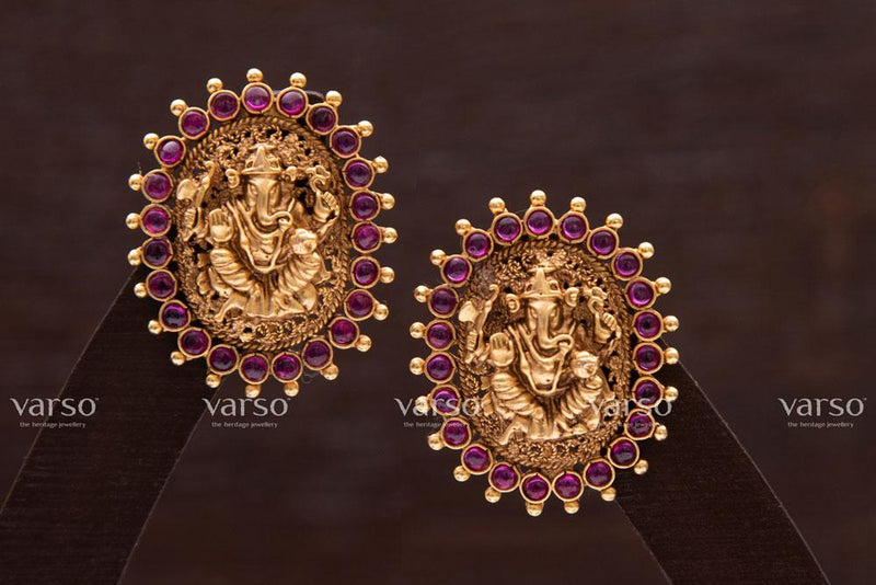 Varso Kempu &  Emerald Gold Antique  Brass Alloy  Dangler Earrings  - 211004