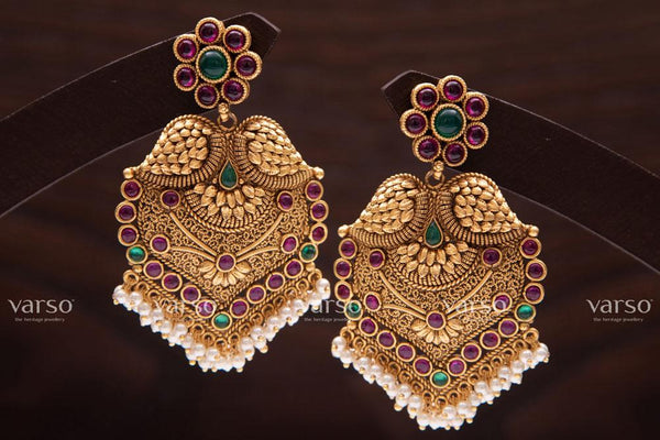Varso Kempu &  Emerald Gold Antique  Brass Alloy Pearl Dangler Earrings  - 211014