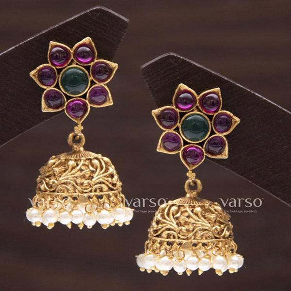 Varso Kempu & Emerald Gold Antique Brass Alloy Pearl Dangler Earrings - 211018
