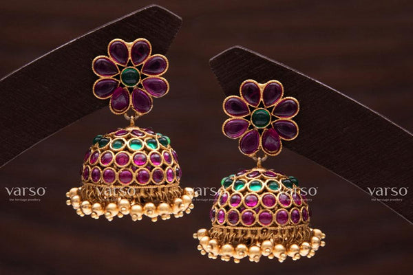 Varso Kempu &  Emerald Gold Antique  Brass Alloy Ball Dangler Earrings  - 211019
