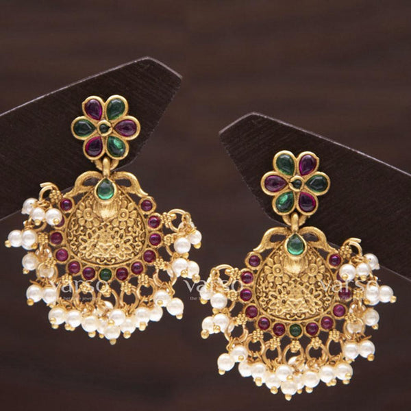 Varso Kempu & Emerald Gold Antique Brass Alloy Pearl Dangler Earrings - 211021