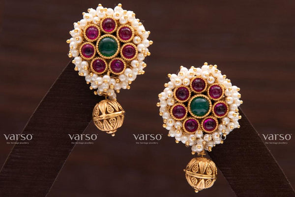 Varso Kempu &  Emerald Gold Antique  Brass Alloy Ball  &  Pearl Dangler Earrings  - 211022