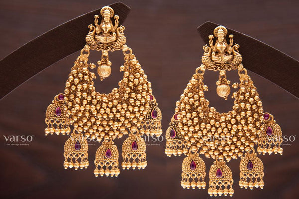 Varso Ruby Gold Antique  Brass Alloy Ball Dangler Earrings  - 211027