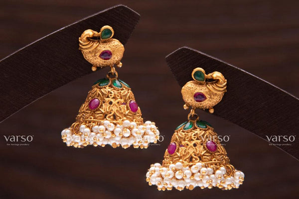 Varso Ruby & Emerald  Gold Antique  Brass Alloy Ball  &  Pearl Dangler Earrings  - 211030
