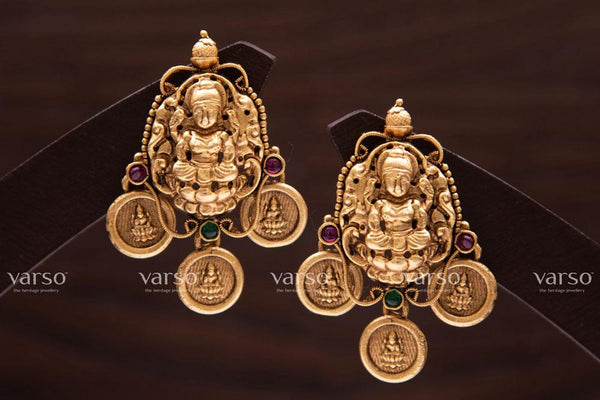 Varso Kempu & Green Gold Antique  Brass Alloy Coin Dangler Earrings  - 211035