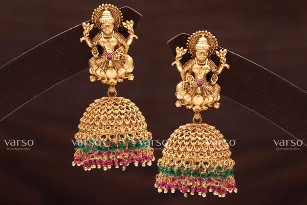 Varso Kempu Gold Antique  Brass Alloy Ruby  &  Green Dangler Earrings  - 211036