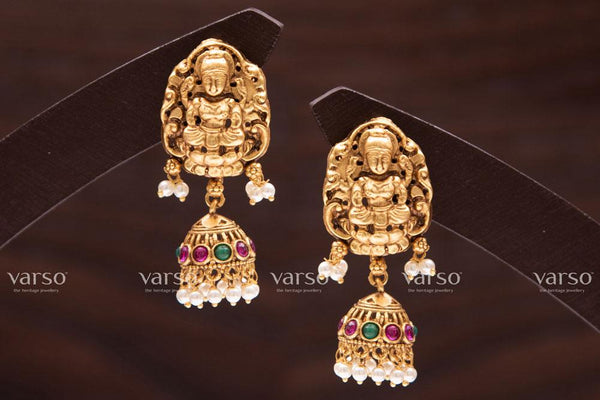 Varso Kempu &  Emerald Gold Antique  Brass Alloy Pearl Dangler Earrings  - 211044