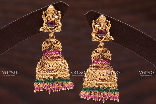 Varso Kempu &  Emerald Gold Antique  Brass Alloy Ruby & Green  Dangler Earrings  - 211045