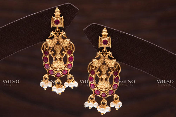 Varso Ruby Gold Antique  Brass Alloy Pearl Dangler Earrings  - 211048