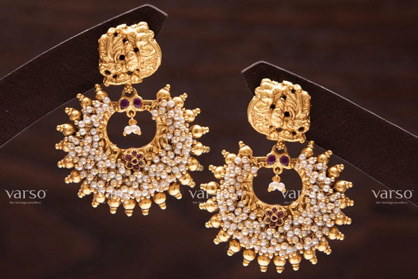 Varso Ruby Gold Antique  Brass Alloy Pearl Dangler Earrings  - 211049