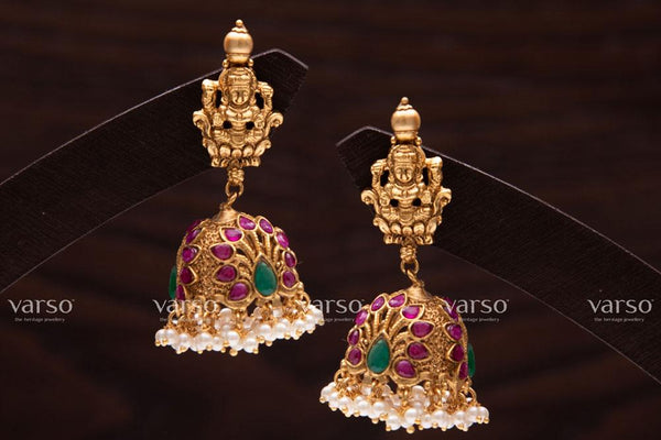 Varso Ruby & Emerald  Gold  Alloy Pearl Dangler Earrings  - 211051