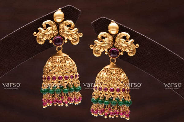 Varso Kempu Gold Alloy Ruby & Green  Dangler Earrings  - 211052