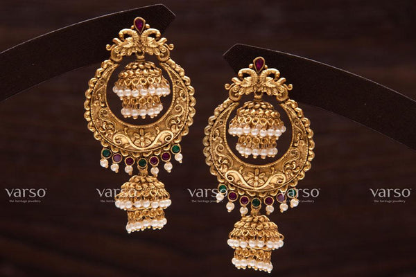 Varso Ruby & Emerald  Gold  Alloy Pearl Dangler Earrings  - 211054