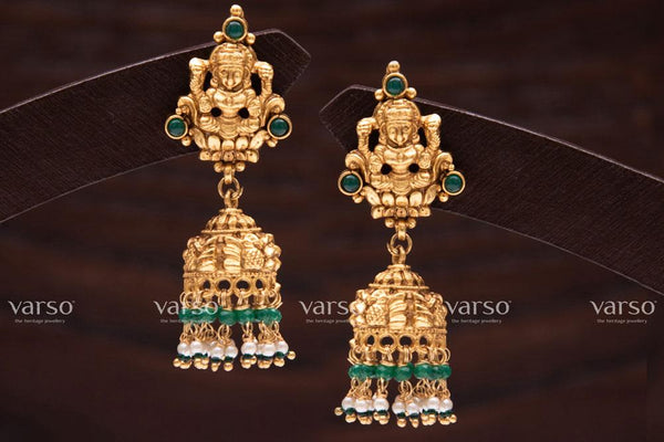 Varso Emerald Gold Alloy Green & Pearl Dangler Earrings  - 211055