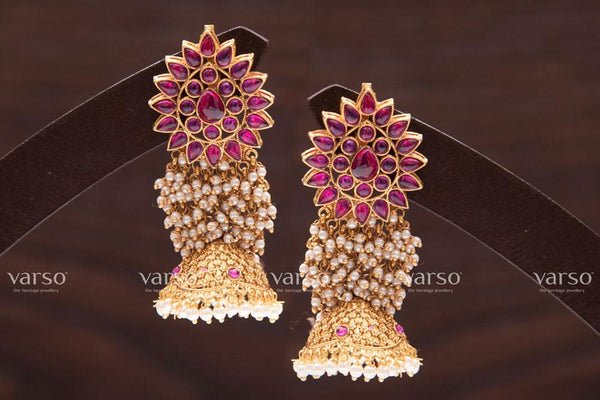 Varso Kempu Gold Alloy Pearl Dangler Earrings  - 211058