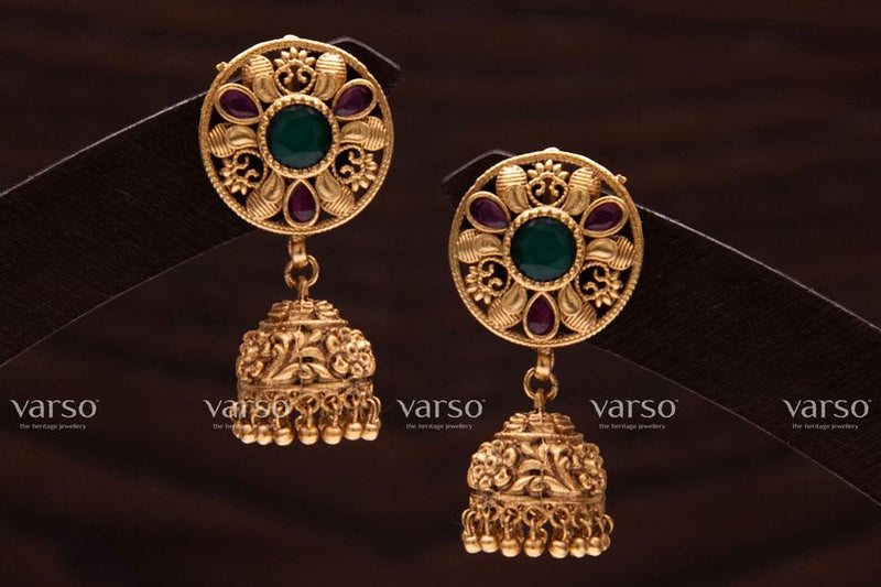 Varso Ruby & Emerald  Gold Alloy Ball Jhumkas  Earrings  - 211065