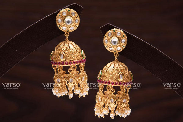 Varso Kundan &  Ruby &  Kempu Gold Alloy Pearl Jhumkas  Earrings  - 211066