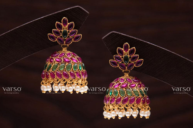 Varso Kempu &  Emerald Gold Alloy Pearl Jhumkas  Earrings  - 211074