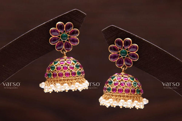 Varso Kempu &  Emerald Gold Alloy Pearl Jhumkas  Earrings  - 211075