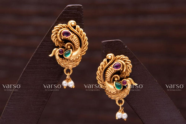 Varso Kempu & Green Gold  Alloy Pearl Dangler Earrings  - 211083
