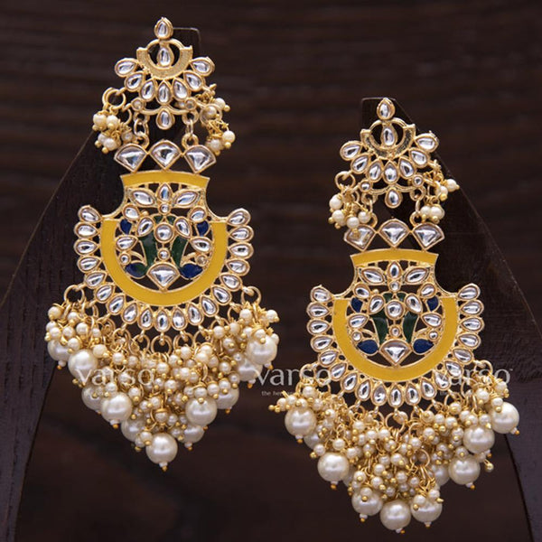 Varso Gold Polish Brass Alloy Yellow Meena Pearl And Kundan Dangler Earrings - 211099