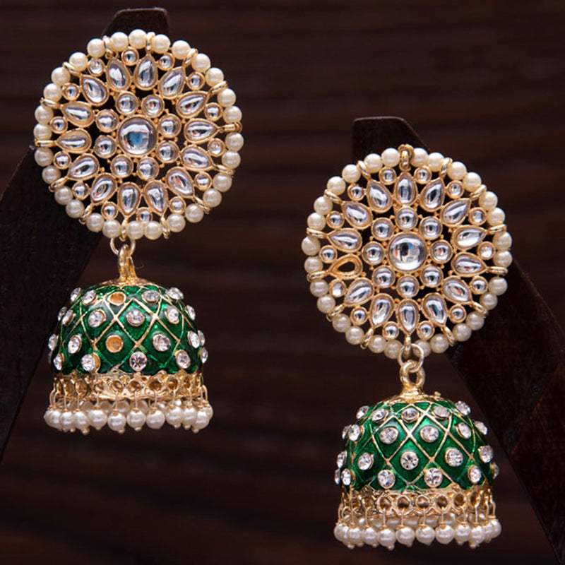 Varso Gold Plated Kundan Stone And Meenakari Jhumki Earrings