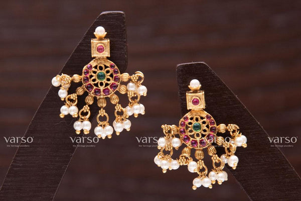 Varso Kempu & Green Gold  Alloy Pearl Dangler Earrings  - 211132