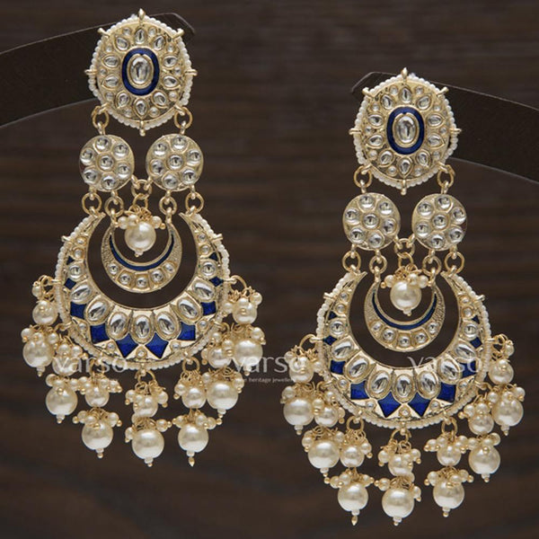 Varso Gold Polish Brass Alloy Blue Meena Pearl And Kundan Dangler Earrings - 211137