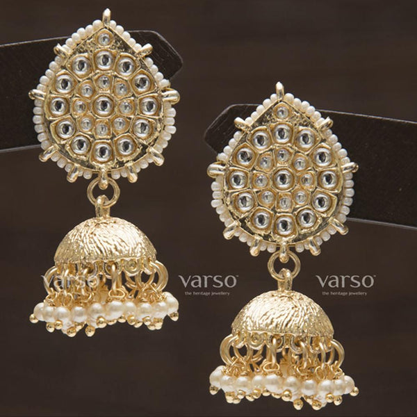Varso Gold Polish Brass Alloy White Pearl And Kundan Dangler Earrings - 211140