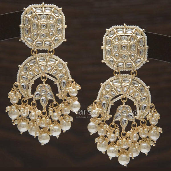 Varso Gold Polish Brass Alloy White Pearl And Kundan Dangler Earrings - 211142