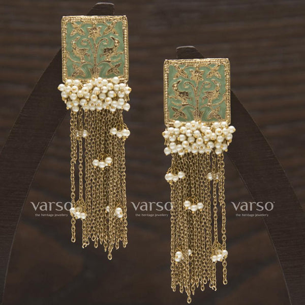 Varso Mehendi Polish Brass Alloy Pearl Dangler Earrings - 211147