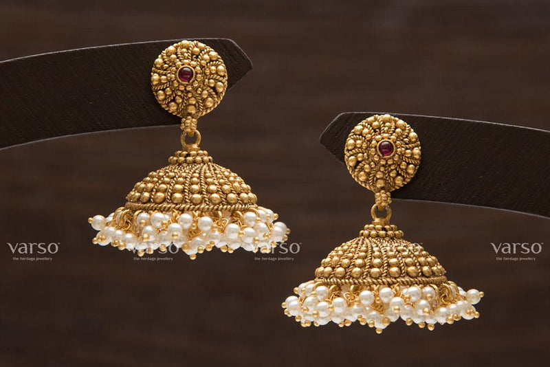 Varso Kempu Gold  Alloy Pearl Jhumkas  Earrings  - 211166