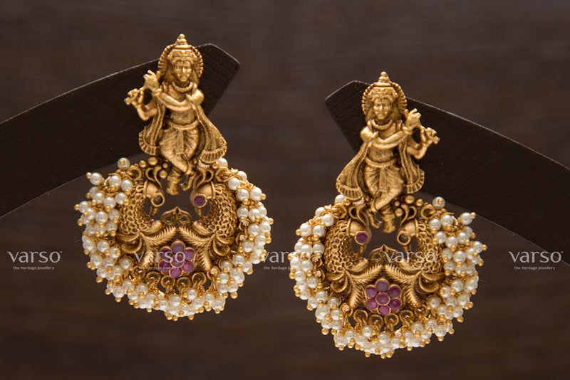 Varso Kempu Gold  Alloy Pearl Dangler Earrings  - 211178