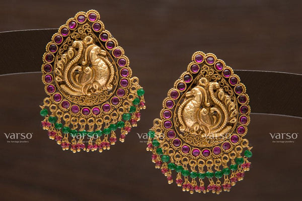 Varso Kempu Gold  Alloy Ruby & Green  Dangler Earrings  - 211199