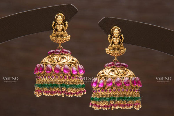 Varso Kempu Gold  Alloy Ruby & Green  Jhumkas  Earrings  - 211202