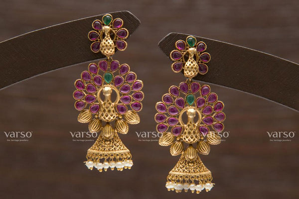 Varso Kempu & Green Gold  Alloy Pearl Jhumkas  Earrings  - 211211