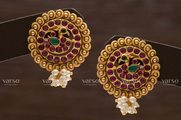 Varso Ruby & Emerald  Gold  Alloy Pearl Dangler Earrings  - 211212