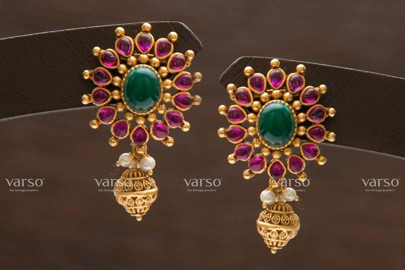 Varso Kempu & Green Gold  Alloy Ball & Pearl Dangler Earrings  - 211218