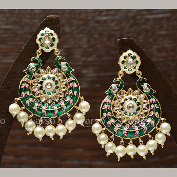 Varso Classy Design Green Meenaakri And Kundan Dangler Earrings
